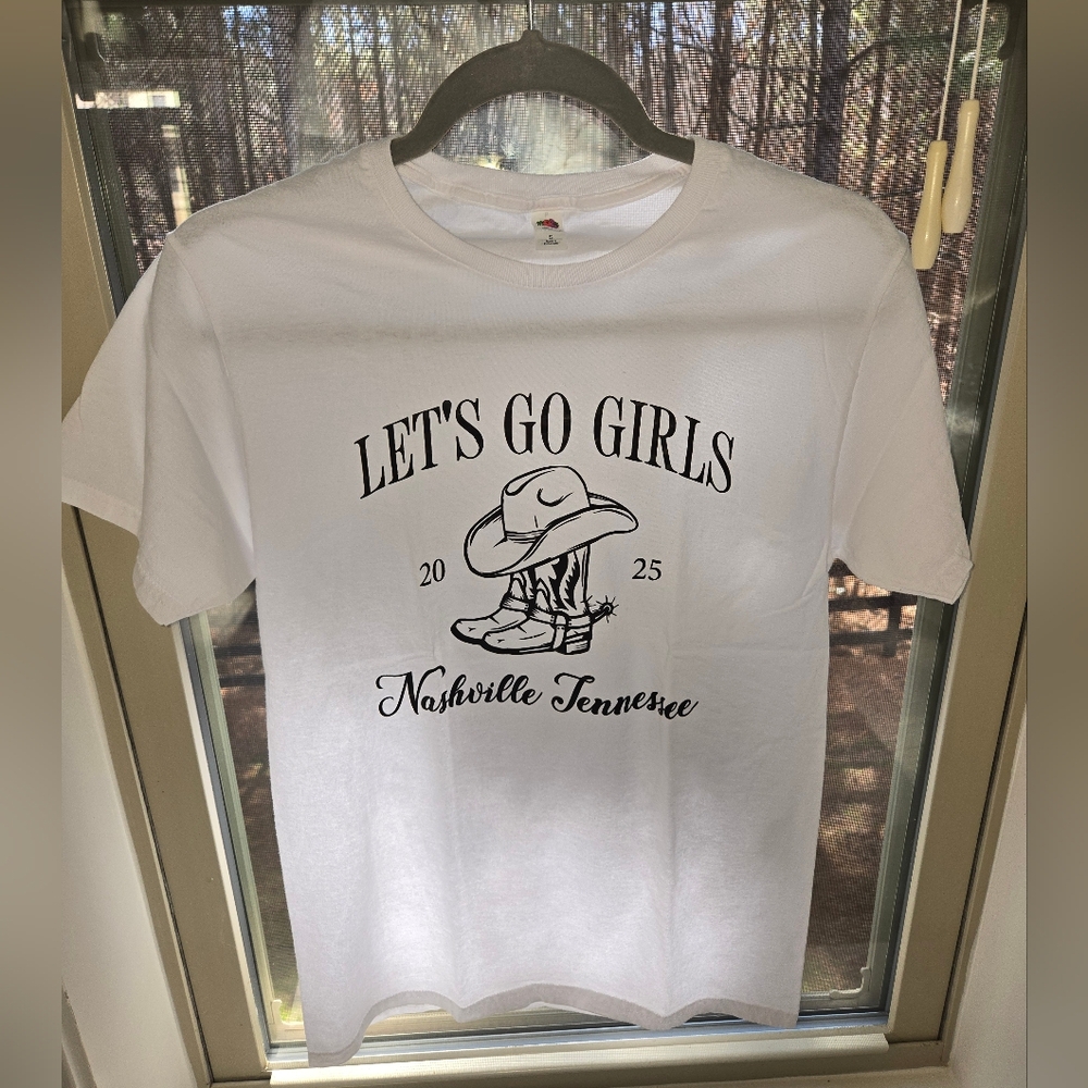 🌟Fruit of the Loom White T-Shirt "Let's Go Girls" 2025 Size Small 100% Cotton